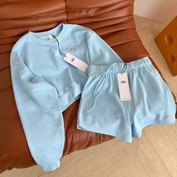 ALO Yoga Tops - Alo Yoga Light Blue Minimalist Cropped Sweatshirt + Shorts Two-Piece Set, Size S